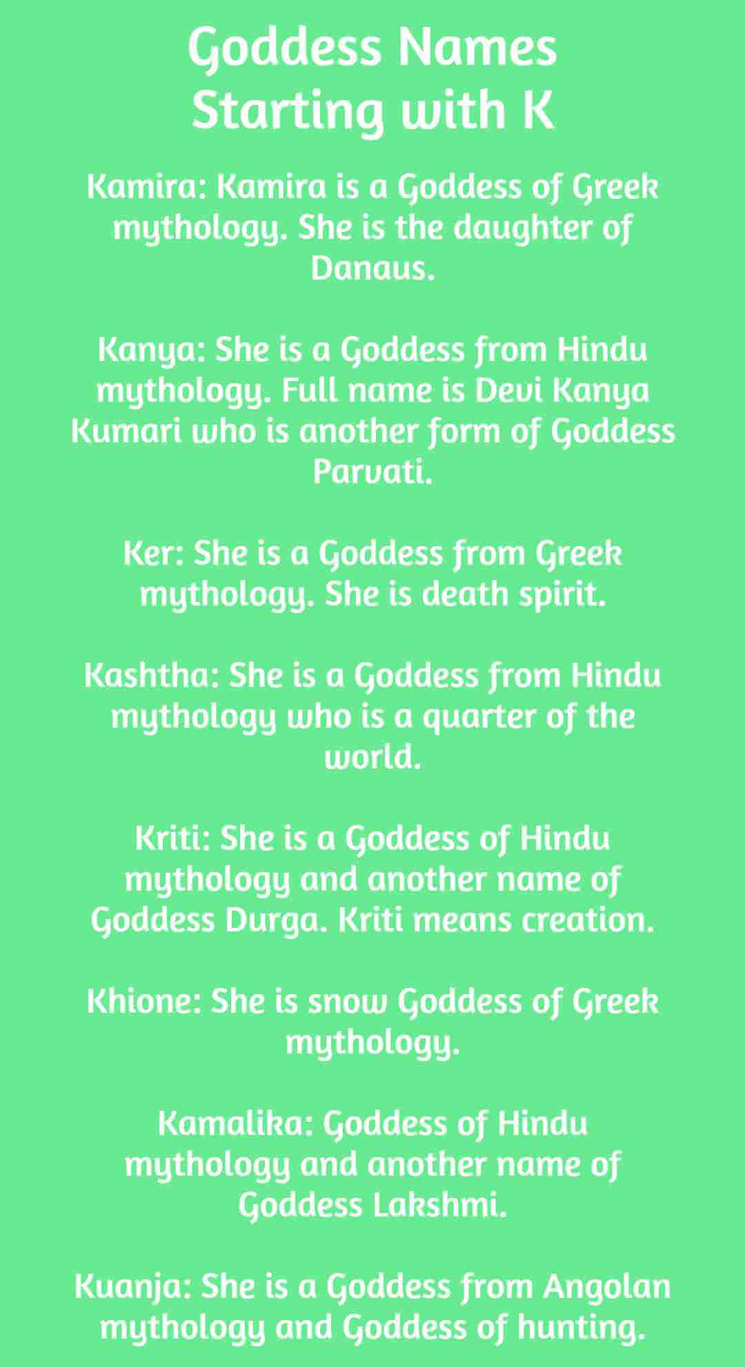 goddess names starting with k